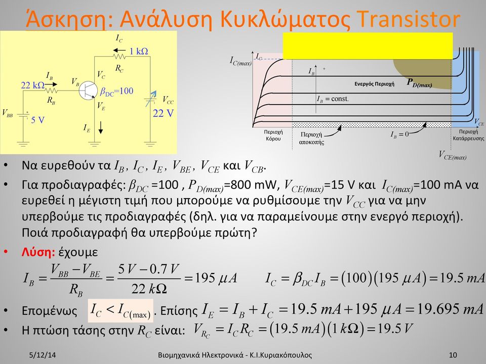 10 V (max) Για προδιαγραφές: β D =100, P D(max) =800 mw, V (max) =15 V και I (max) =100 ma να ευρεθεί η μέγιστη τιμή που μπορούμε να ρυθμίσουμε την V για να μην υπερβούμε τις