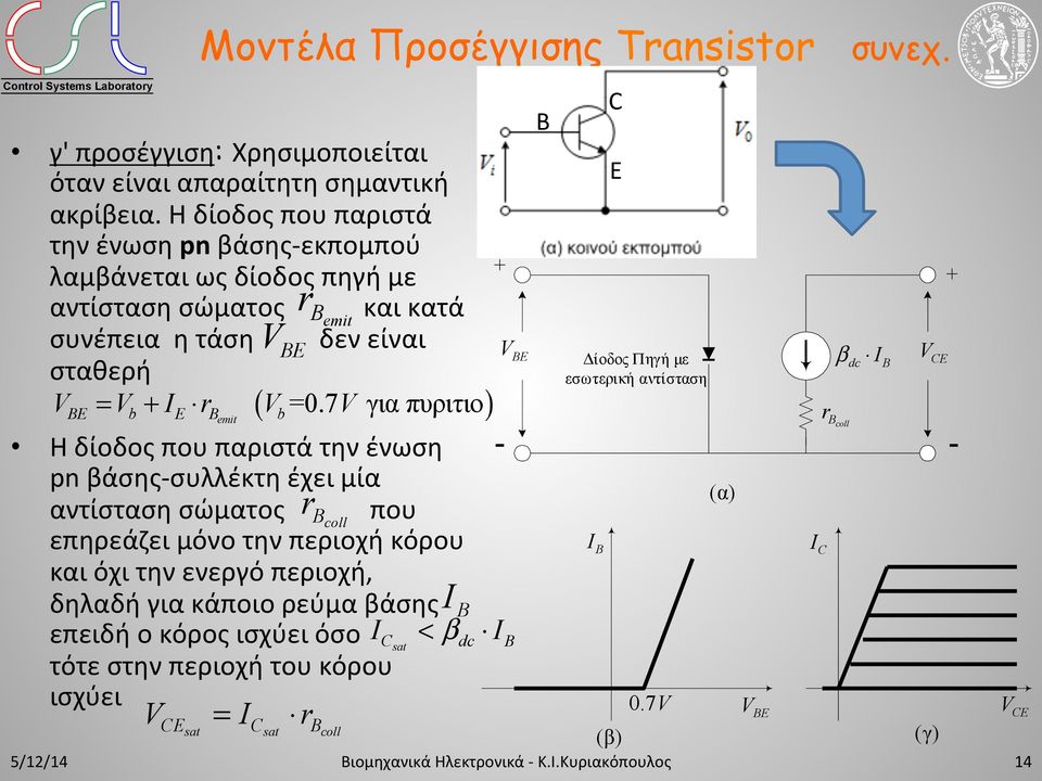 7 V για πυριτιο b b emit Η δίοδος που παριστά την ένωση pn βάσης- συλλέκτη έχει μία αντίσταση σώματος r coll που επηρεάζει μόνο την περιοχή κόρου και όχι την ενεργό περιοχή,