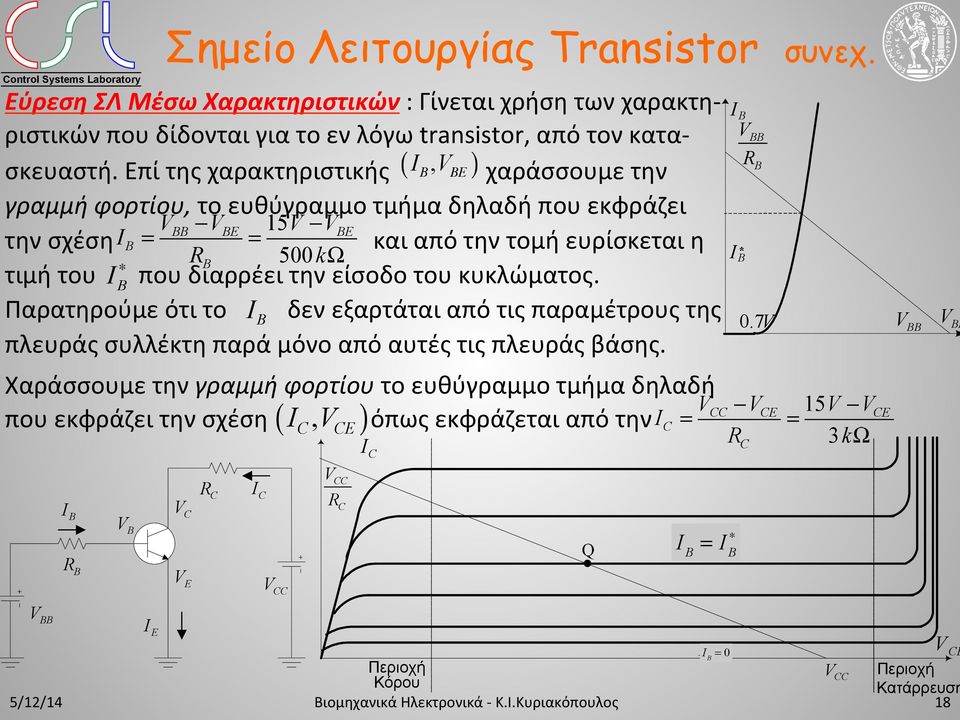 Επί της χαρακτηριστικής ( I, V) χαράσσουμε την γραμμή φορτίου, το ευθύγραμμο τμήμα δηλαδή που εκφράζει V V 15V V την σχέση I = = και από την τομή ευρίσκεται η 500kΩ τιμή του I που διαρρέει