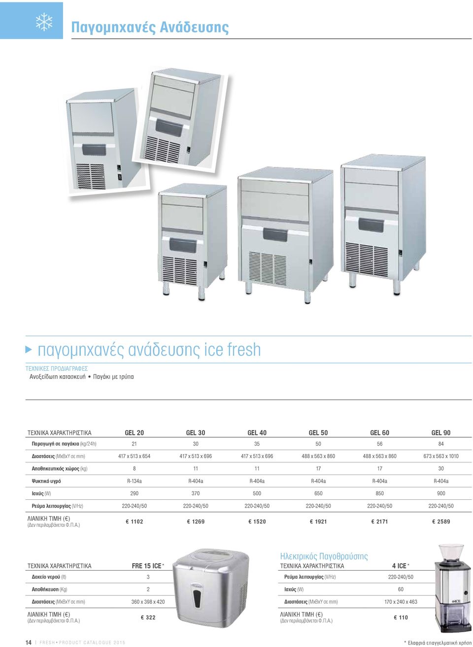 R-404a Ισχύς (W) 290 370 500 650 850 900 Ρεύμα λειτουργίας (V/Hz) 220-240/50 220-240/50 220-240/50 220-240/50 220-240/50 220-240/50 1102 1269 1520 1921 2171 2589 FRE 15 ICE * Δοχείο νερού (lt) 3