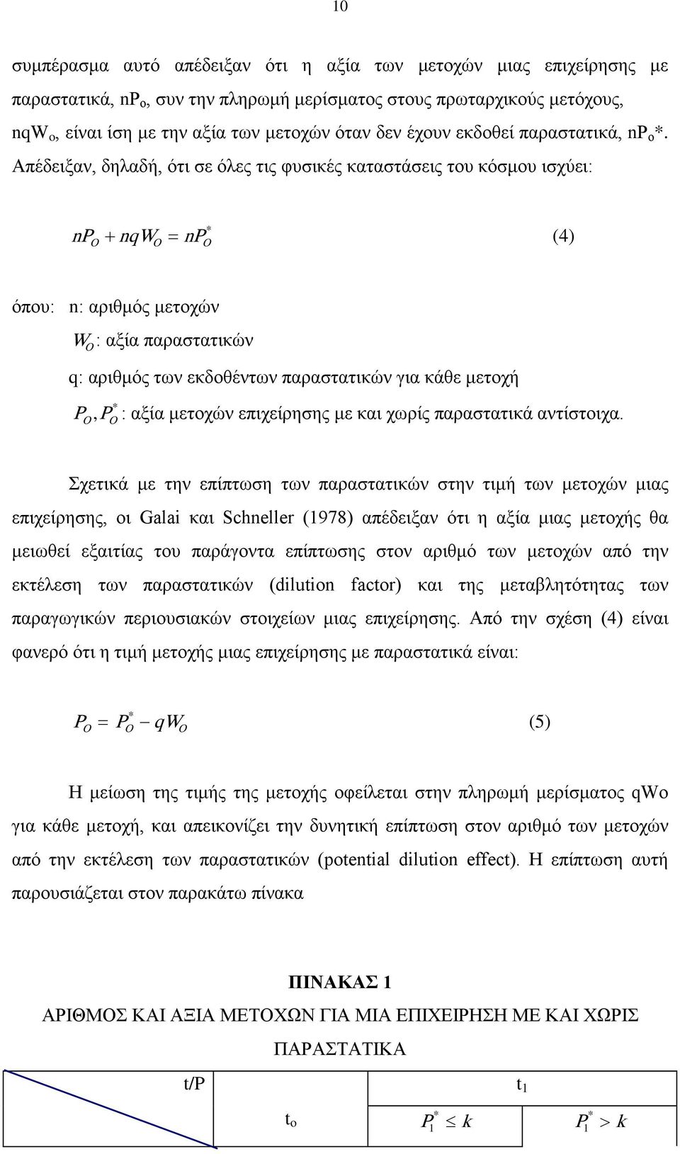 Απέδειξαν, δηλαδή, ότι σε όλες τις φυσικές καταστάσεις του κόσμου ισχύει: * np + nqw = np O O O (4) όπου: n: αριθμός μετοχών W O : αξία παραστατικών q: αριθμός των εκδοθέντων παραστατικών για κάθε