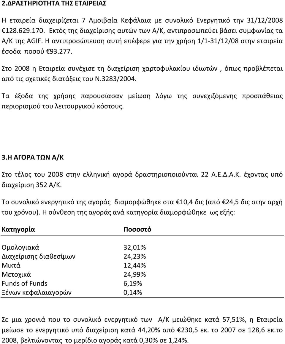 Στο 2008 η Εταιρεία συνέχισε τη διαχείριση χαρτοφυλακίου ιδιωτών, όπως προβλέπεται από τις σχετικές διατάξεις του Ν.3283/2004.