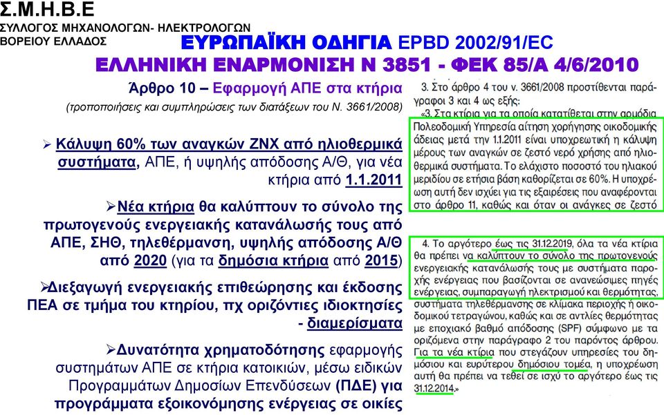 θαηαλάισζήο ηνπο από ΑΠΔ, ΖΘ, ηειεζέξκαλζε, πςειήο απόδνζεο Α/Θ από 2020 (γηα ηα δεκόζηα θηήξηα απφ 2015) Γηεμαγσγή ελεξγεηαθήο επηζεώξεζεο θαη έθδνζεο ΠΔΑ ζε ηκήκα ηνπ θηεξίνπ, πρ