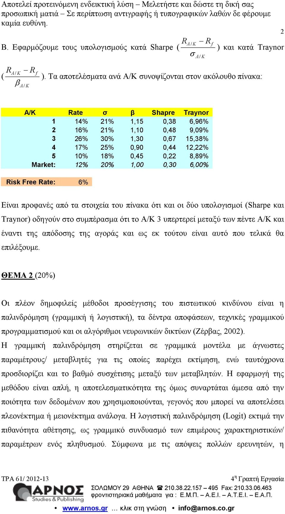 18% 0,45 0,22 8,89% Market: 12% 20% 1,00 0,30 6,00% Risk Free Rate: 6% Είναι προφανές από τα στοιχεία του πίνακα ότι και οι δύο υπολογισµοί (Sharpe και Traynor) οδηγούν στο συµπέρασµα ότι το Α/Κ 3