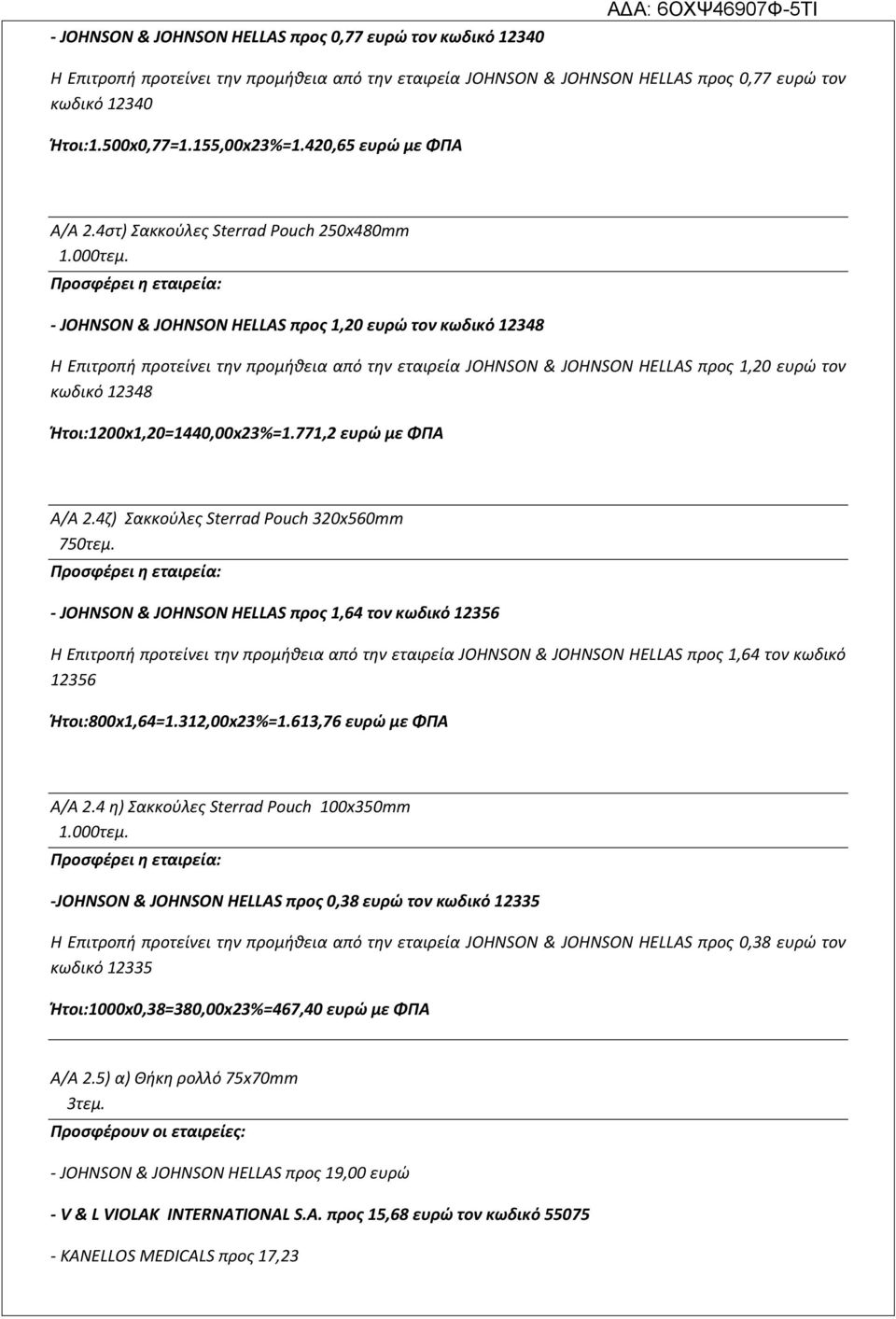 - JOHNSON & JOHNSON HELLAS προς 1,20 ευρώ τον κωδικό 12348 H Επιτροπή προτείνει την προμήθεια από την εταιρεία JOHNSON & JOHNSON HELLAS προς 1,20 ευρώ τον κωδικό 12348 Ήτοι:1200x1,20=1440,00x23%=1.