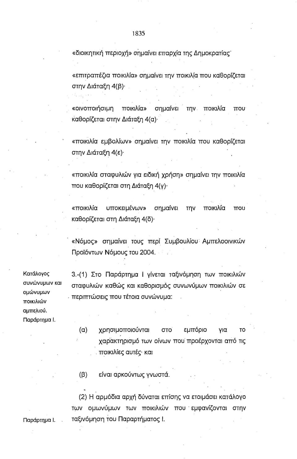 υποκειμένων» σημαίνει την ποικιλία που καθορίζεται στη Διάταξη 4(δ) «Νόμος» σημαίνει τους περί Συμβουλίου Αμπελοοινlκών Προϊόντων Νόμους του 2004. Κατάλογος συνώνυμων και ομώνυμων ποικιλιών 3.