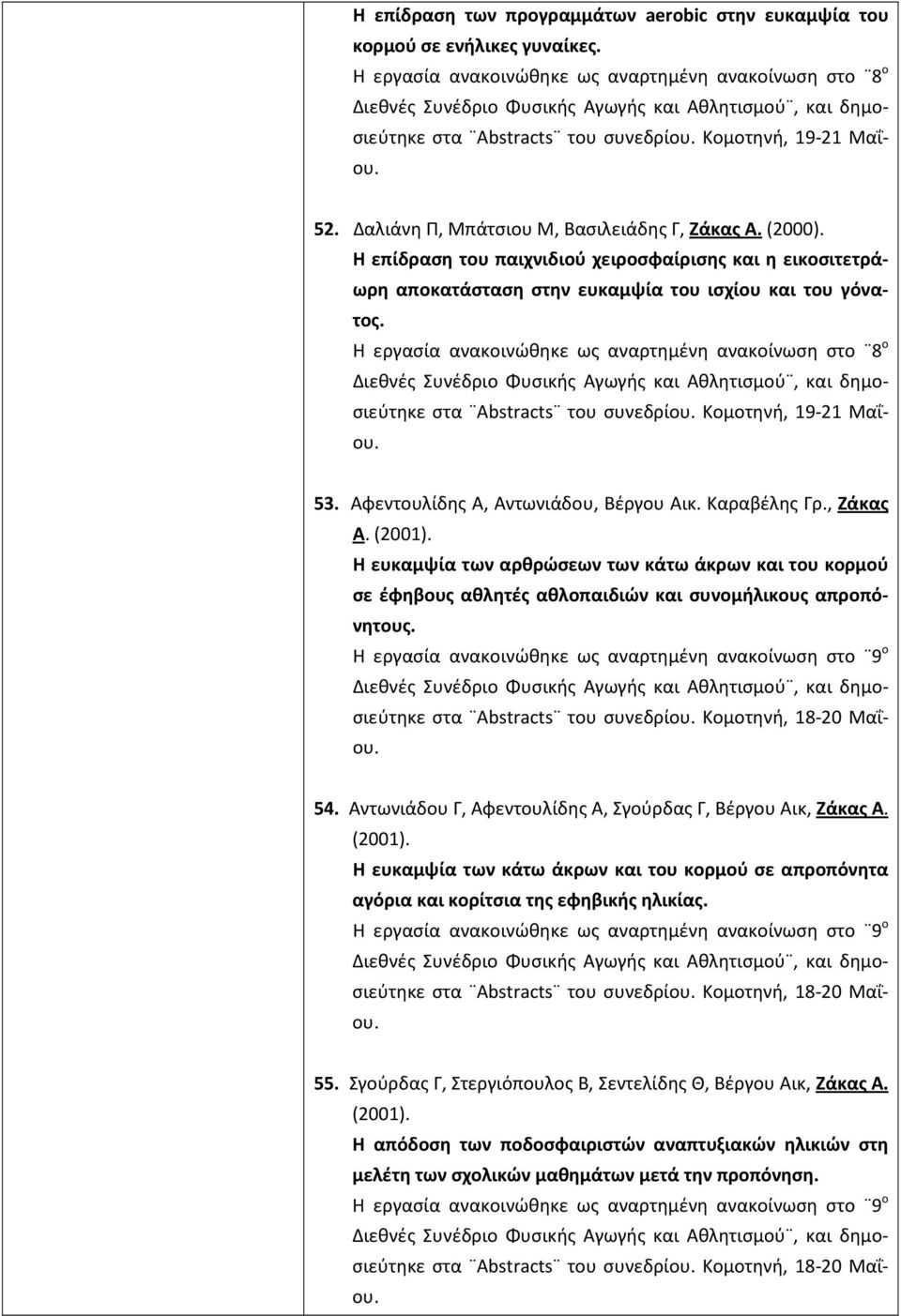 Η εργασία ανακοινώθηκε ως αναρτημένη ανακοίνωση στο 8 ο στα Abstracts του συνεδρίου. Κομοτηνή, 19-21 Μαΐου. 53. Αφεντουλίδης Α, Αντωνιάδου, Βέργου Αικ. Καραβέλης Γρ., Ζάκας Α. (2001).