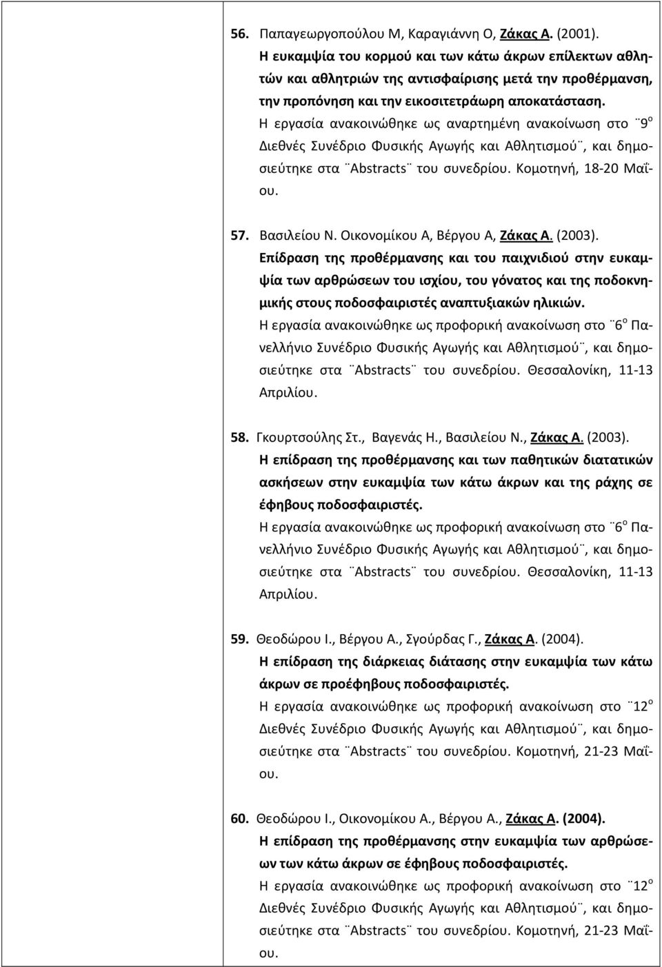 Η εργασία ανακοινώθηκε ως αναρτημένη ανακοίνωση στο 9 ο στα Abstracts του συνεδρίου. Κομοτηνή, 18-20 Μαΐου. 57. Βασιλείου Ν. Οικονομίκου Α, Βέργου Α, Ζάκας Α. (2003).