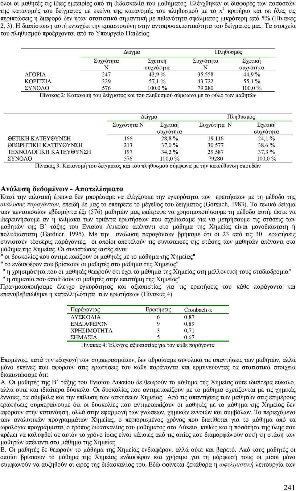 πιθανότητα σφάλµατος µικρότερη από 5% (Πίνακες 2, 3). Η διαπίστωση αυτή ενισχύει την εµπιστοσύνη στην αντιπροσωπευτικότητα του δείγµατός µας.