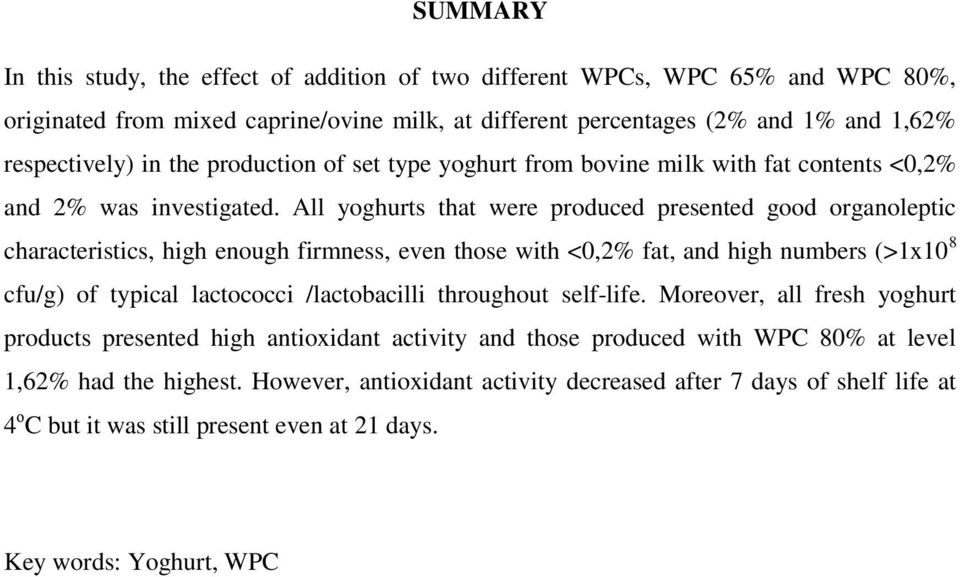 All yoghurts that were produced presented good organoleptic characteristics, high enough firmness, even those with <0,2% fat, and high numbers (>1x10 8 cfu/g) of typical lactococci /lactobacilli