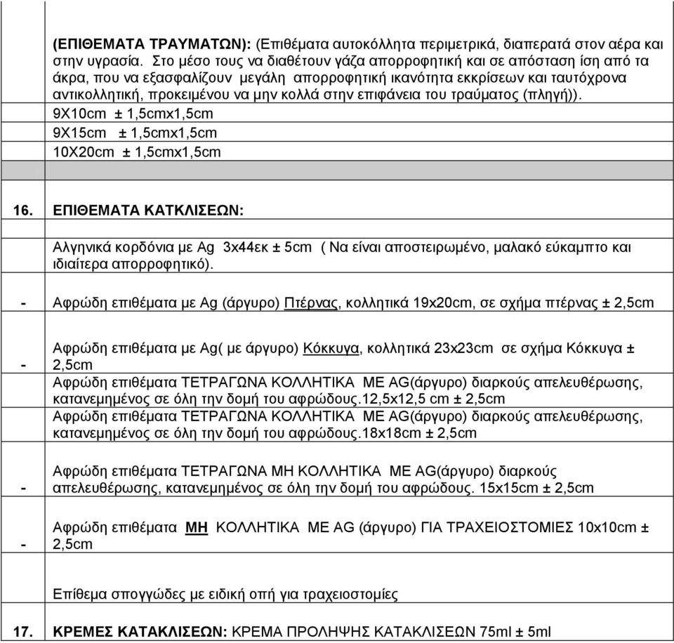 επιφάνεια του τραύματος (πληγή)). 9X10cm ± 1,5cmx1,5cm 9X15cm ± 1,5cmx1,5cm 10X20cm ± 1,5cmx1,5cm 16.