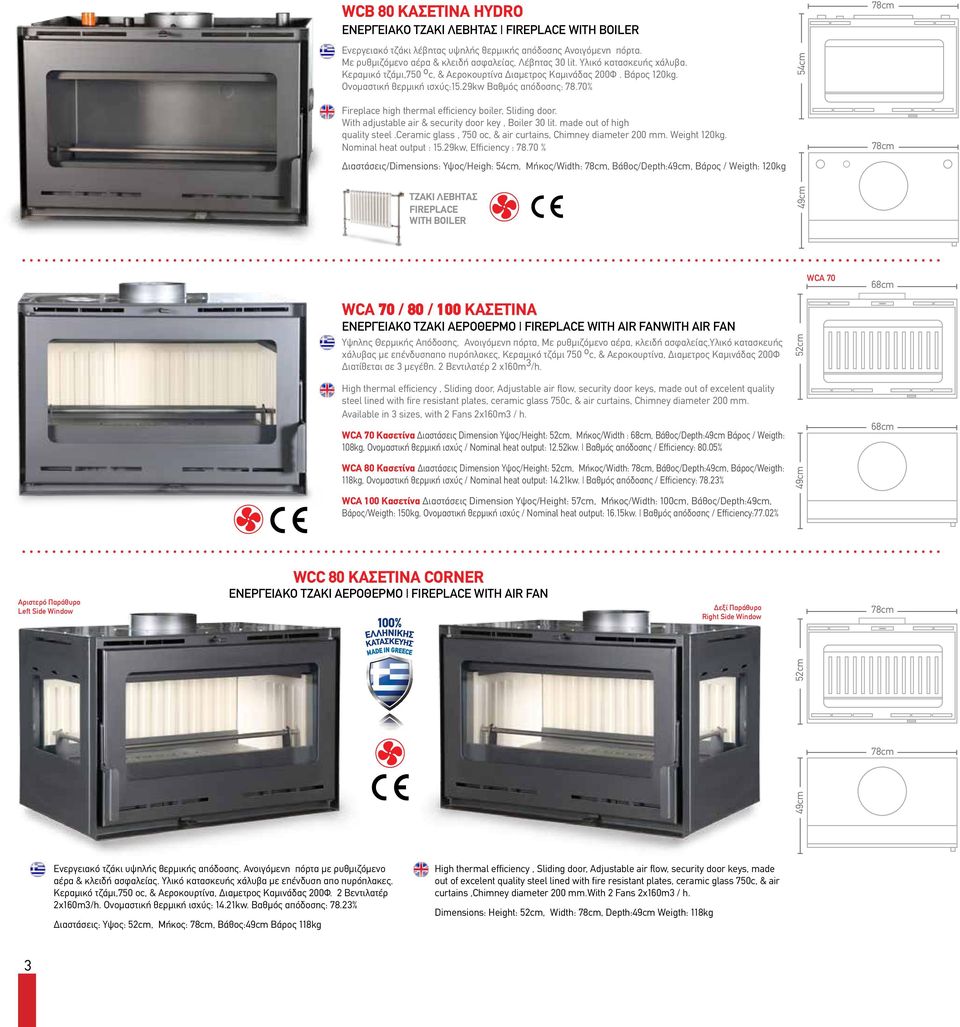 29kw Βαθμός απόδοσης: 78.70% Fireplace high thermal efficiency boiler, Sliding door. With adjustable air & security door key, Boiler 30 lit. made out of high quality steel.