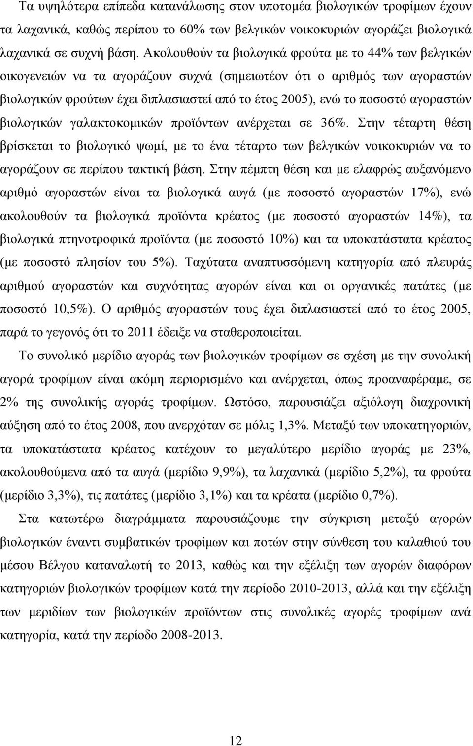 αγοραστών βιολογικών γαλακτοκομικών προϊόντων ανέρχεται σε 36%. Στην τέταρτη θέση βρίσκεται το βιολογικό ψωμί, με το ένα τέταρτο των βελγικών νοικοκυριών να το αγοράζουν σε περίπου τακτική βάση.