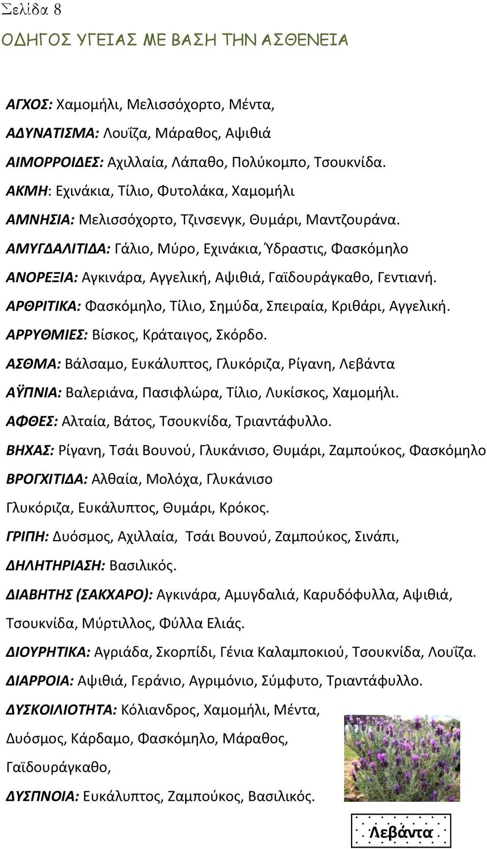 ΑΜΥΓΔΑΛΙΤΙΔΑ: Γάλιο, Μύρο, Εχινάκια, Ύδραστις, Φασκόμηλο ΑΝΟΡΕΞΙΑ: Αγκινάρα, Αγγελική, Αψιθιά, Γαϊδουράγκαθο, Γεντιανή. ΑΡΘΡΙΤΙΚΑ: Φασκόμηλο, Τίλιο, Σημύδα, Σπειραία, Κριθάρι, Αγγελική.