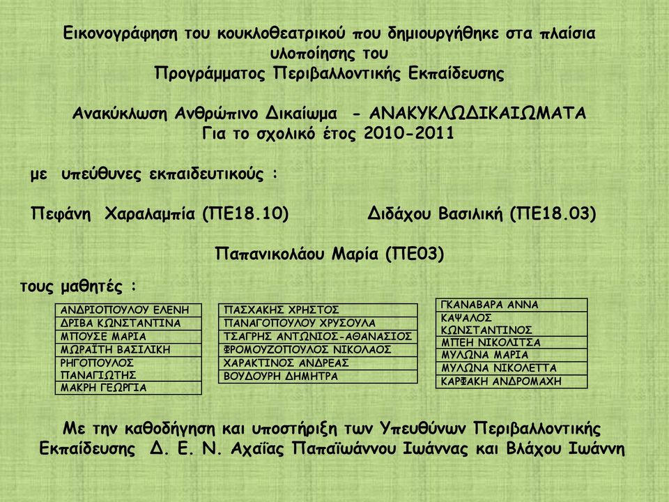 03) Παπανικολάου Μαρία (ΠΕ03) τους μαθητές : ΑΝΔΡΙΟΠΟΥΛΟΥ ΕΛΕΝΗ ΔΡΙΒΑ ΚΩΝΣΤΑΝΤΙΝΑ ΜΠΟΥΣΕ ΜΑΡΙΑ ΜΩΡΑΪΤΗ ΒΑΣΙΛΙΚΗ ΡΗΓΟΠΟΥΛΟΣ ΠΑΝΑΓΙΩΤΗΣ ΜΑΚΡΗ ΓΕΩΡΓΙΑ ΠΑΣΧΑΚΗΣ ΧΡΗΣΤΟΣ ΠΑΝΑΓΟΠΟΥΛΟΥ ΧΡΥΣΟΥΛΑ ΤΣΑΓΡΗΣ