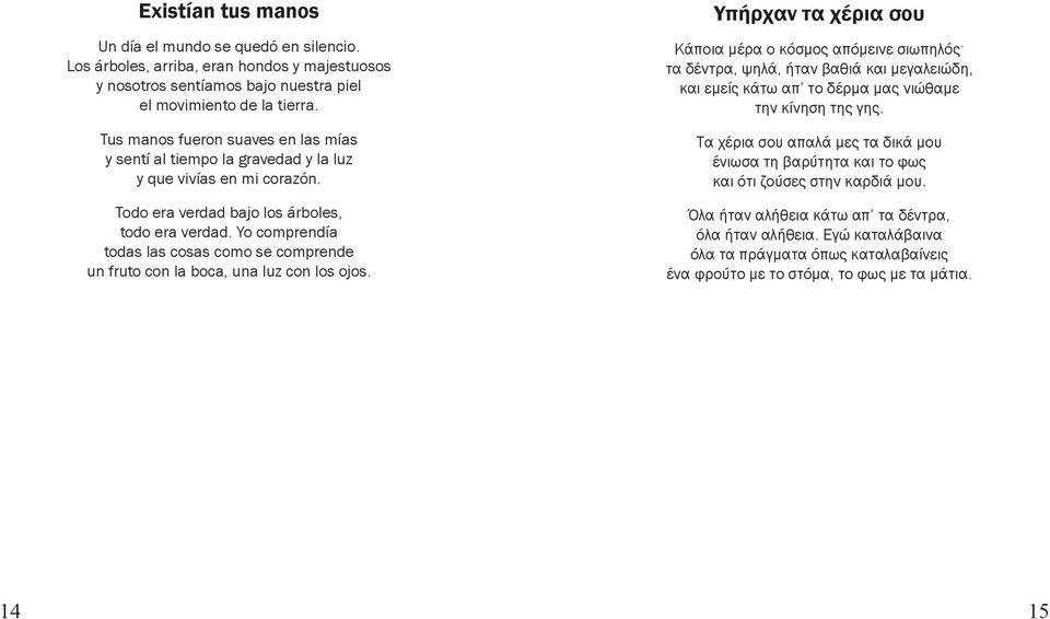 Yo comprendía todas las cosas como se comprende un fruto con la boca, una luz con los ojos. Υπήρχαν τα χέρια σου Κάποια μέρα ο κόσμος απόμεινε σιωπηλός.