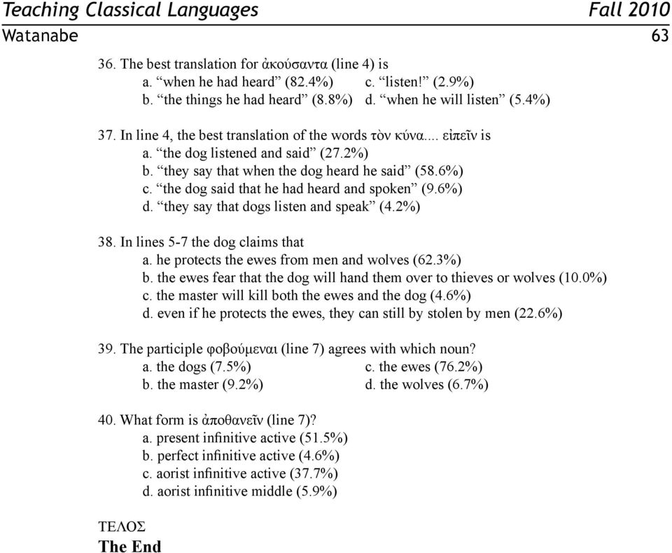 the dog said that he had heard and spoken (9.6%) d. they say that dogs listen and speak (4.2%) 38. In lines 5-7 the dog claims that a. he protects the ewes from men and wolves (62.3%) b.