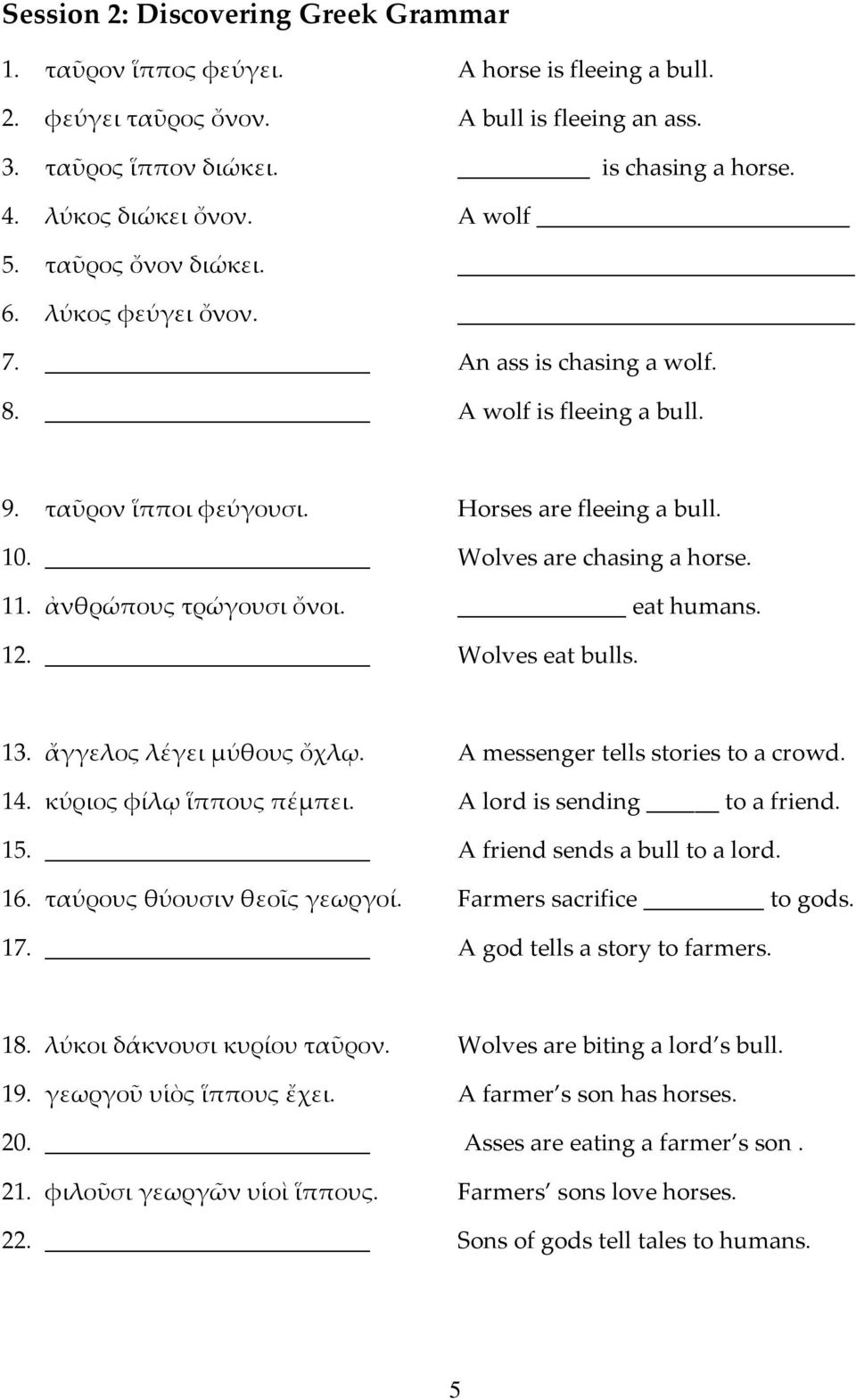 Wolves are chasing a horse. 11. ἀνθρώπους τρώγουσι ὄνοι. eat humans. 12. Wolves eat bulls. 13. ἄγγελος λέγει μύθους ὄχλῳ. A messenger tells stories to a crowd. 14. κύριος φίλῳ ἵππους πέμπει.