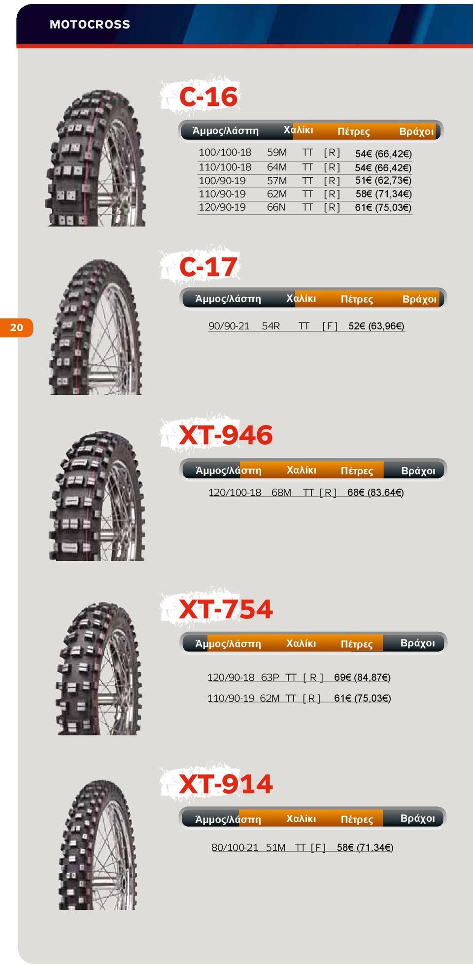 C-17 20 90/90-21 54R TT [ F ] 52 (63,96 ) XT-946 120/100-18 68M TT [ R ] 68 (83,64 ) XT-754