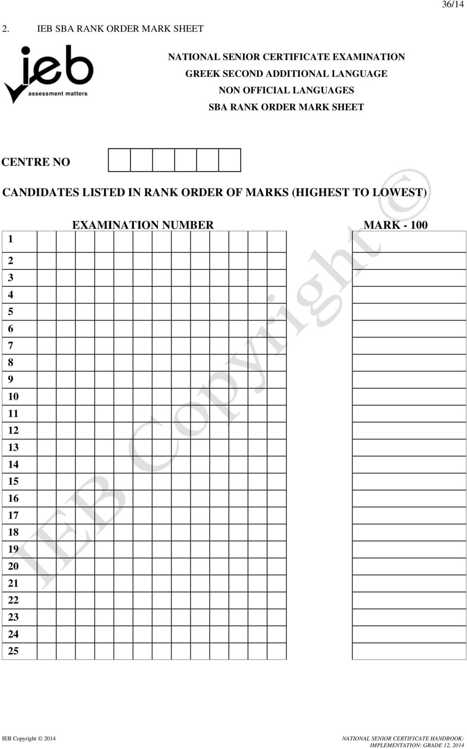 SECOND ADDITIONAL LANGUAGE NON OFFICIAL LANGUAGES SBA RANK ORDER MARK SHEET