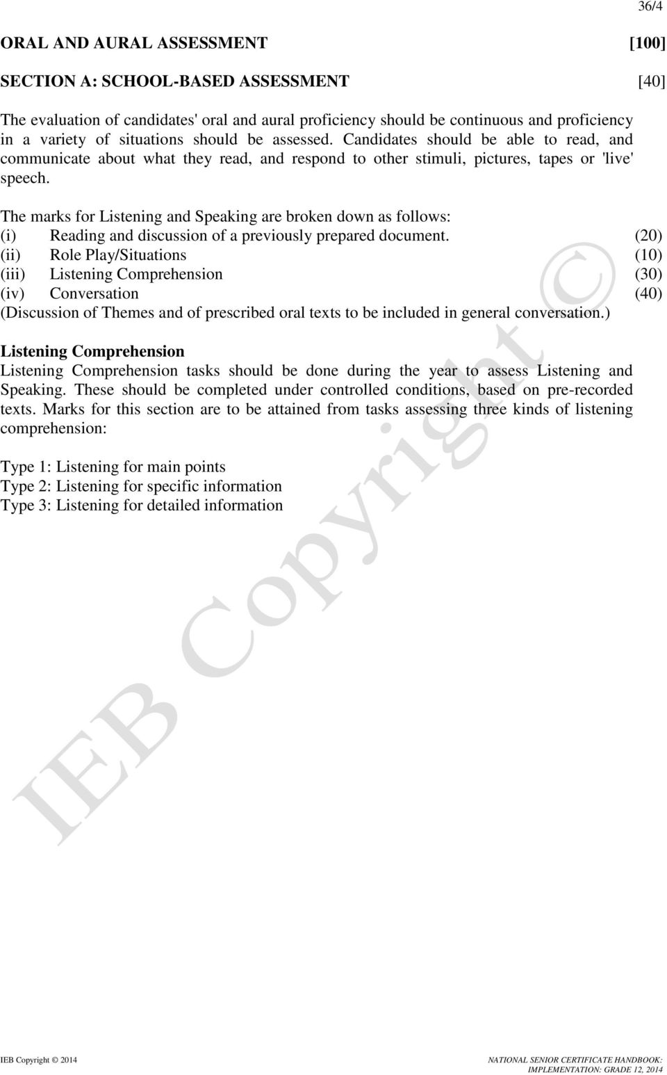 The marks for Listening and Speaking are broken down as follows: (i) Reading and discussion of a previously prepared document.