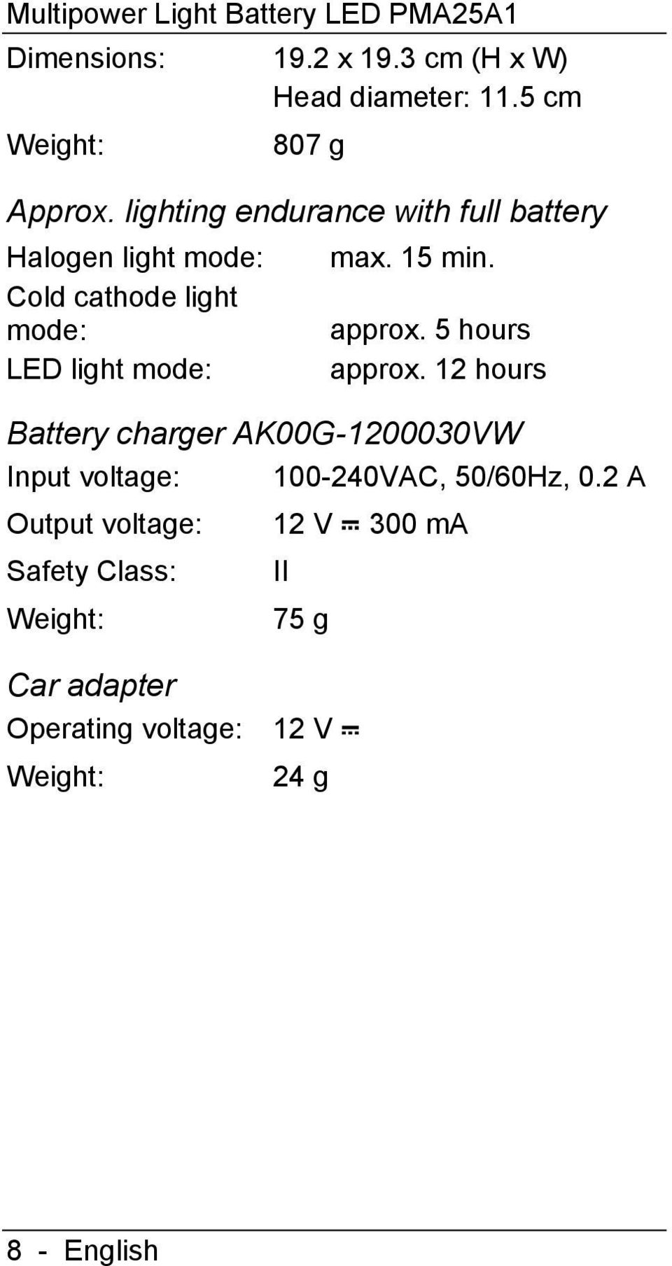 lighting endurance with full battery Halogen light mode: Cold cathode light mode: LED light mode: max. 15 min.