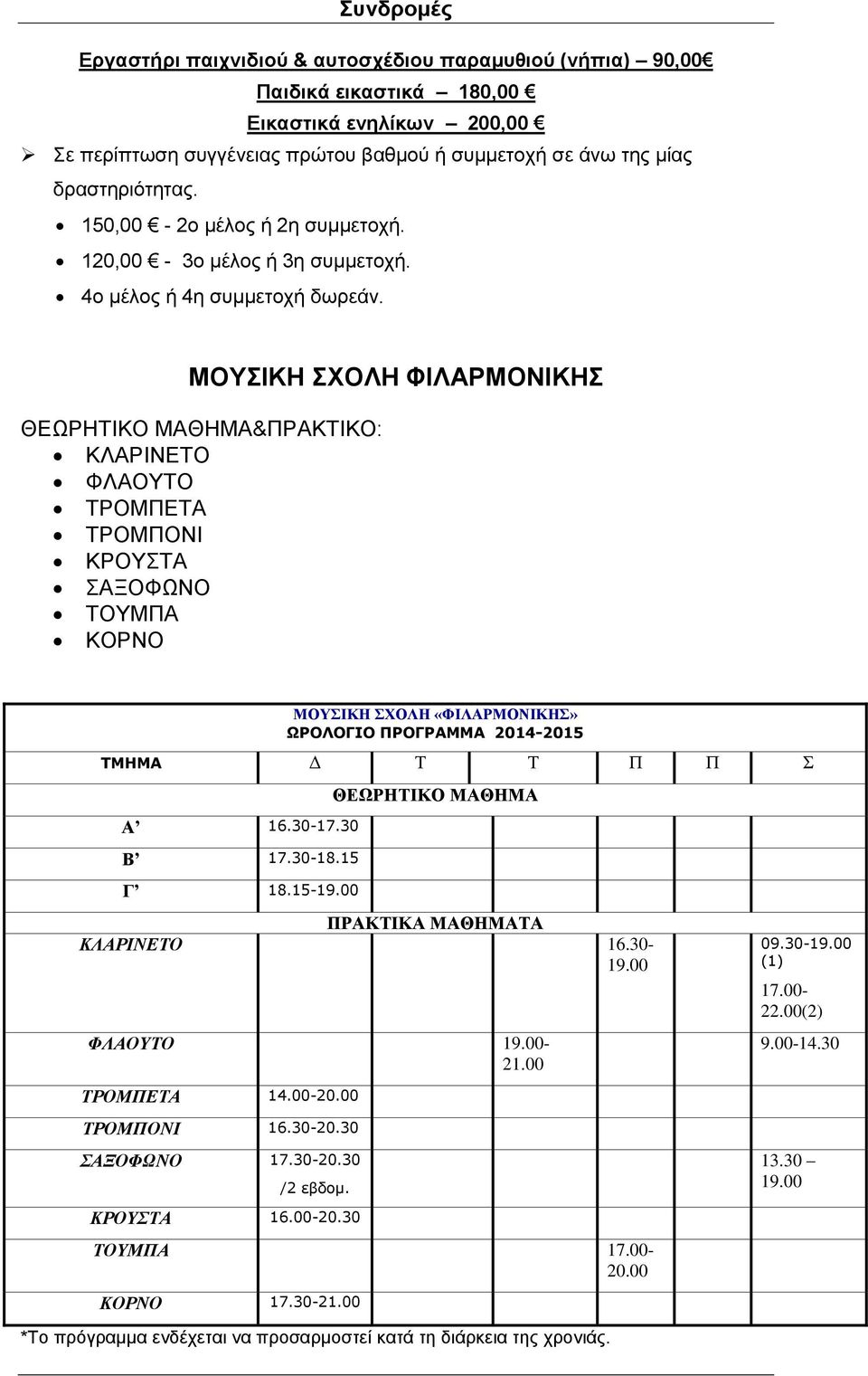 ΜΟΥΣΙΚΗ ΣΧΟΛΗ ΦΙΛΑΡΜΟΝΙΚΗΣ ΘΕΩΡΗΤΙΚΟ ΜΑΘΗΜΑ&ΠΡΑΚΤΙΚΟ: ΚΛΑΡΙΝΕΤΟ ΦΛΑΟΥΤΟ ΤΡΟΜΠΕΤΑ ΤΡΟΜΠΟΝΙ ΚΡΟΥΣΤΑ ΣΑΞΟΦΩΝΟ ΤΟΥΜΠΑ ΚΟΡΝΟ ΜΟΥΣΙΚΗ ΣΧΟΛΗ «ΦΙΛΑΡΜΟΝΙΚΗΣ» ΤΜΗΜΑ Δ Τ Τ Π Π Σ Α 16.30-17.30 Β 17.30-18.