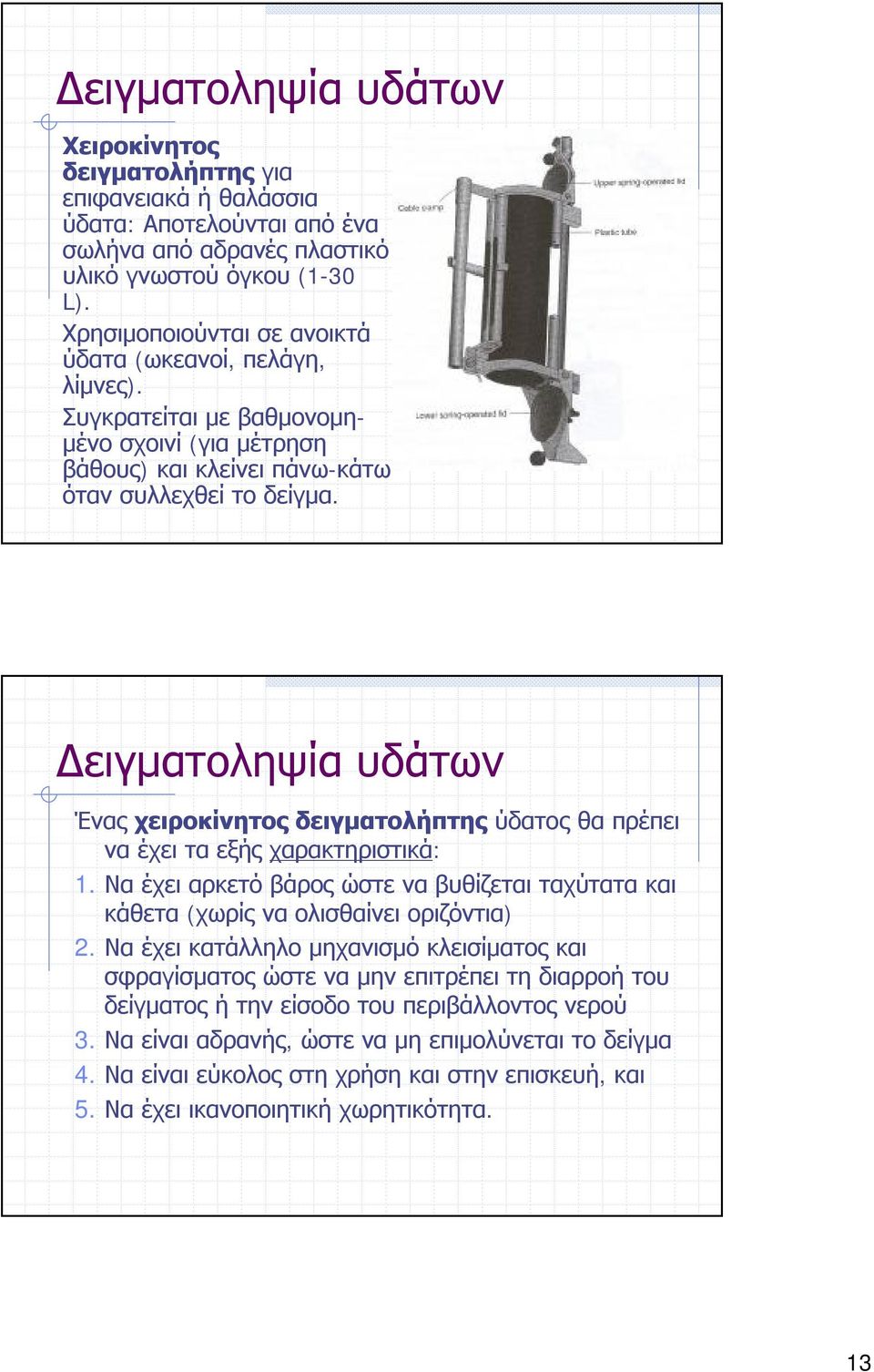 Δειγματοληψία υδάτων Ένας χειροκίνητος δειγματολήπτης ύδατος θα πρέπει να έχει τα εξής χαρακτηριστικά: 1. Να έχει αρκετό βάρος ώστε να βυθίζεται ταχύτατα και κάθετα (χωρίς να ολισθαίνει οριζόντια) 2.