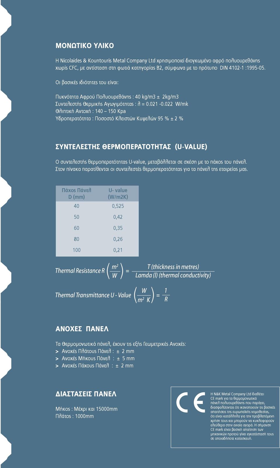 022 W/mk Θλιπτική Αντοχή : 140 150 Kpa Υδροπερατότητα : Ποσοστό Κλειστών Κυψελών 95 % ± 2 % ΣΥΝΤΕΛΕΣΤΗΣ ΘΕΡΜΟΠΕΡΑΤΟΤΗΤΑΣ (U-VLUE) O συντελεστής θερμοπερατότητας U-value, μεταβάλλεται σε σχέση με το