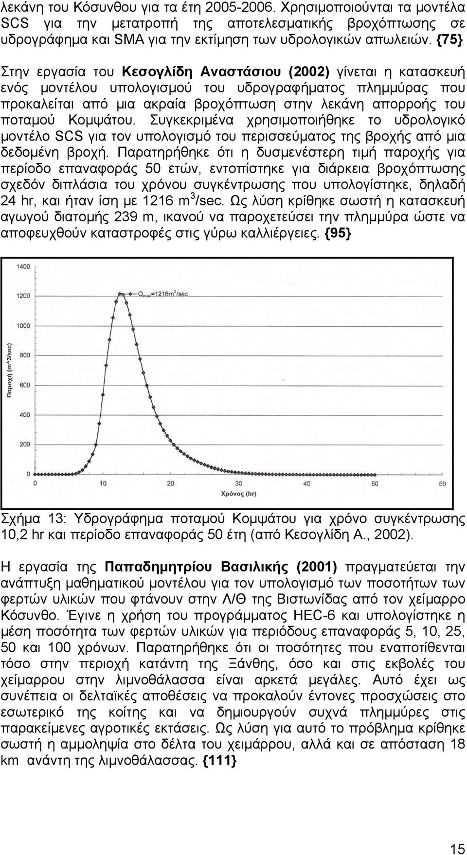 Κομψάτου. Συγκεκριμένα χρησιμοποιήθηκε το υδρολογικό μοντέλο SCS για τον υπολογισμό του περισσεύματος της βροχής από μια δεδομένη βροχή.