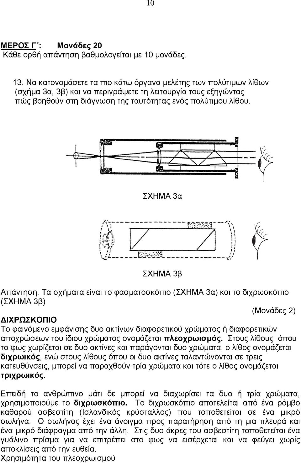 ΣΧΗΜΑ 3α ΣΧΗΜΑ 3β Τα σχήματα είναι το φασματοσκόπιο (ΣΧΗΜΑ 3α) και το διχρωσκόπιο (ΣΧΗΜΑ 3β) (Μονάδες 2) ΔΙΧΡΩΣΚΟΠΙΟ Το φαινόμενο εμφάνισης δυο ακτίνων διαφορετικού χρώματος ή διαφορετικών αποχρώσεων