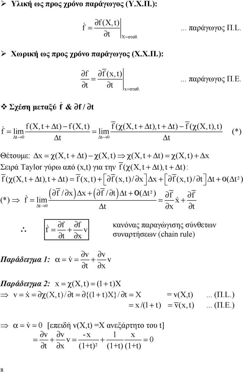 χ (X,+Δ ),+Δ ) : O ( f/ x ) Δ x+ ( f/ ) Δ + O( Δ ) f f f lm x + Δ Δ x f ( χ (X, +Δ ), +Δ ) f (x,) + f (x,)/ x Δ x + f (x,)/ Δ + ( Δ ) (*) f f f + v x κανόνας παραγώγισης σύνθετων