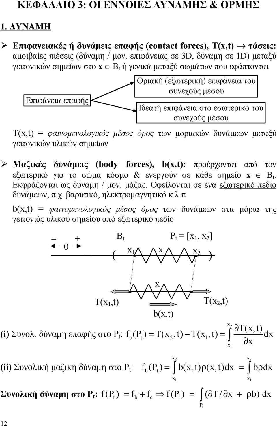 του συνεχούς μέσου Τ(x,) φαινομενολογικός μέσος όρος των μοριακών δυνάμεων μεταξύ γειτονικών υλικών σημείων Μαζικές δυνάμεις (body forces), b(x,): προέρχονται από τον εξωτερικό για το σώμα κόσμο &