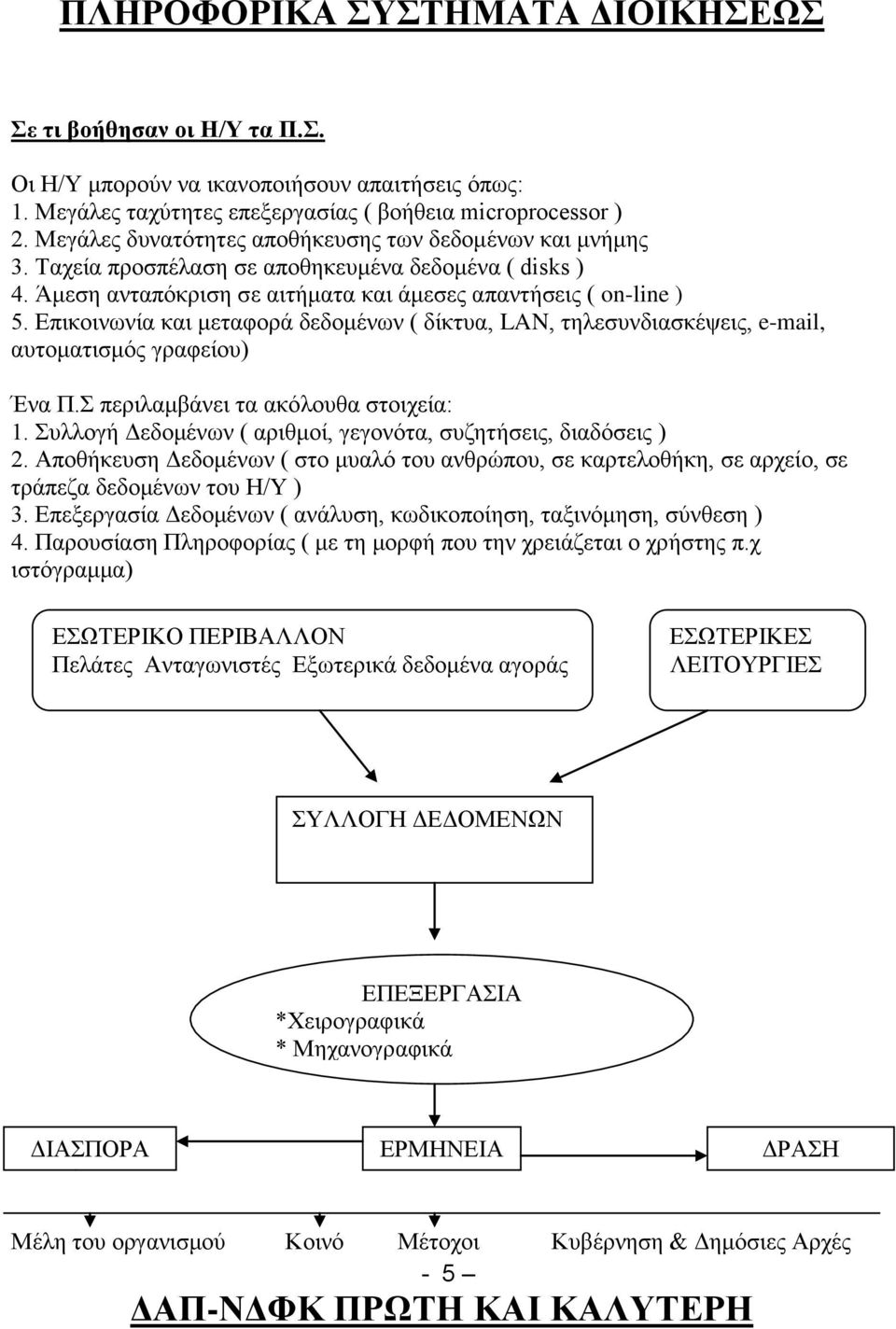 Επικοινωνία και μεταφορά δεδομένων ( δίκτυα, LAN, τηλεσυνδιασκέψεις, e-mail, αυτοματισμός γραφείου) Ένα Π.Σ περιλαμβάνει τα ακόλουθα στοιχεία: 1.