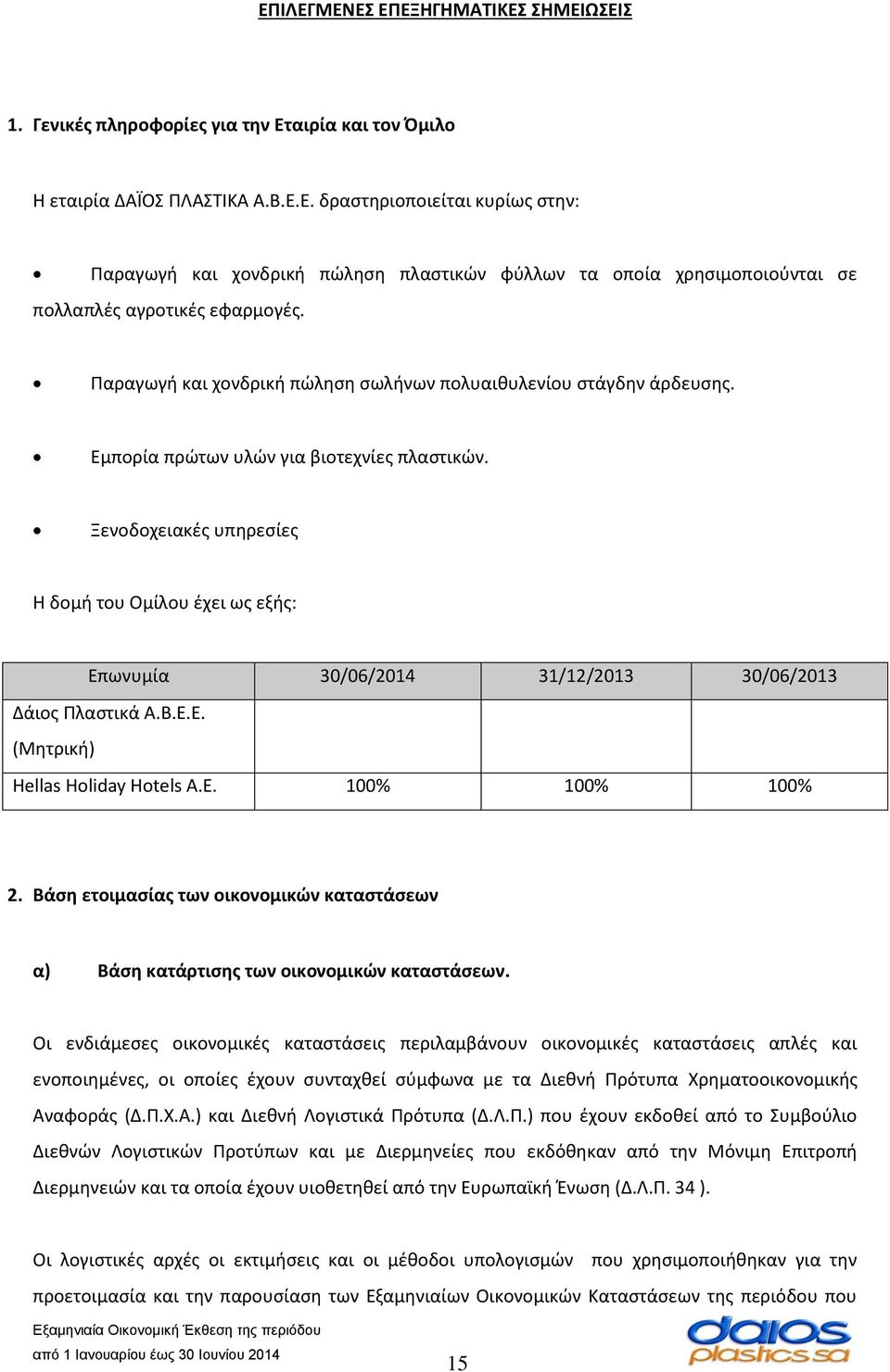 Ξενοδοχειακές υπηρεσίες Η δομή του Ομίλου έχει ως εξής: Επωνυμία 30/06/2014 31/12/2013 30/06/2013 Δάιος Πλαστικά Α.Β.Ε.Ε. (Μητρική) Hellas Holiday Hotels A.E. 100% 100% 100% 2.