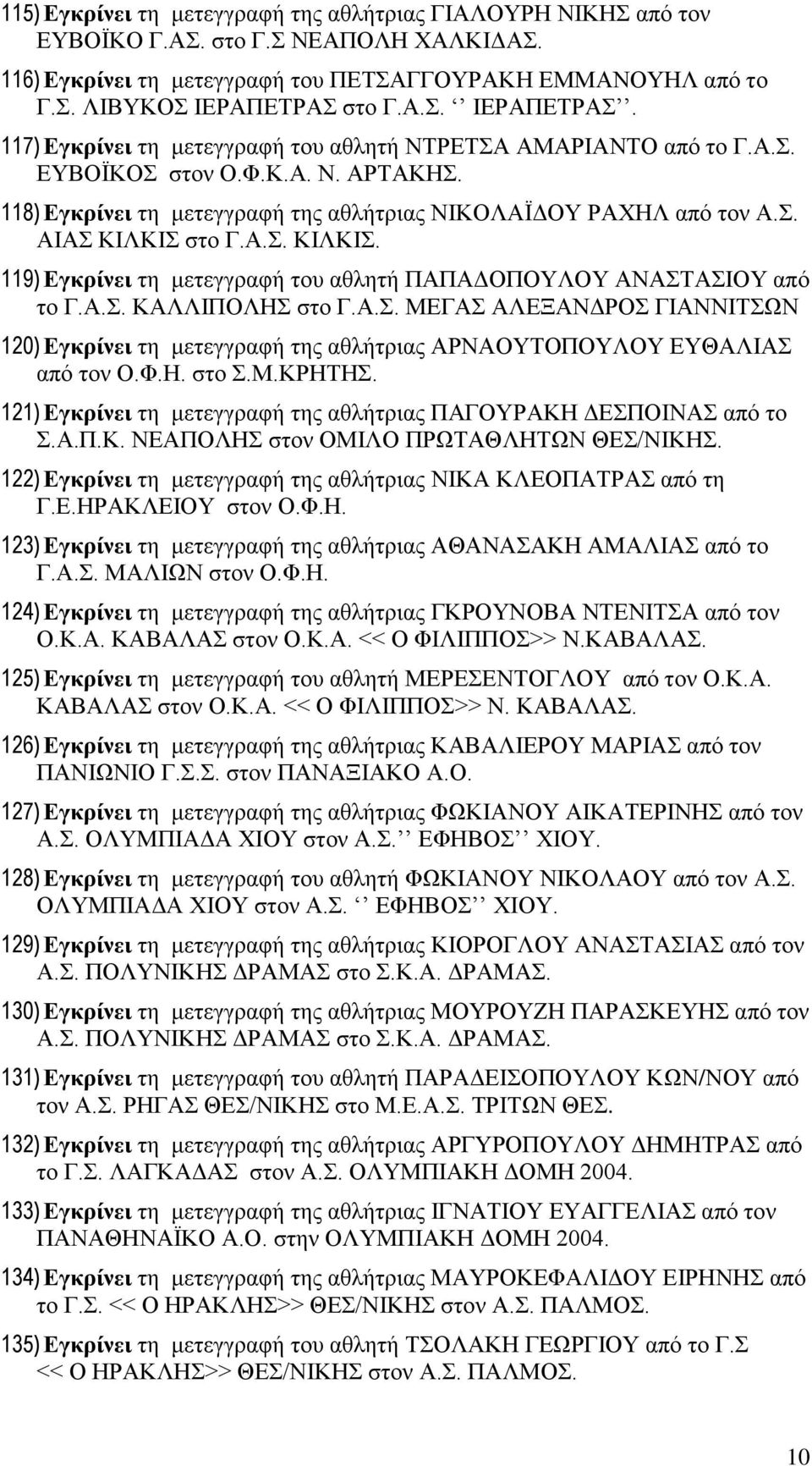 Α.Σ. ΚΙΛΚΙΣ. 119) Εγκρίνει τη μετεγγραφή του αθλητή ΠΑΠΑΔΟΠΟΥΛΟΥ ΑΝΑΣΤΑΣΙΟΥ από το Γ.Α.Σ. ΚΑΛΛΙΠΟΛΗΣ στο Γ.Α.Σ. ΜΕΓΑΣ ΑΛΕΞΑΝΔΡΟΣ ΓΙΑΝΝΙΤΣΩΝ 120) Εγκρίνει τη μετεγγραφή της αθλήτριας ΑΡΝΑΟΥΤΟΠΟΥΛΟΥ ΕΥΘΑΛΙΑΣ από τον Ο.