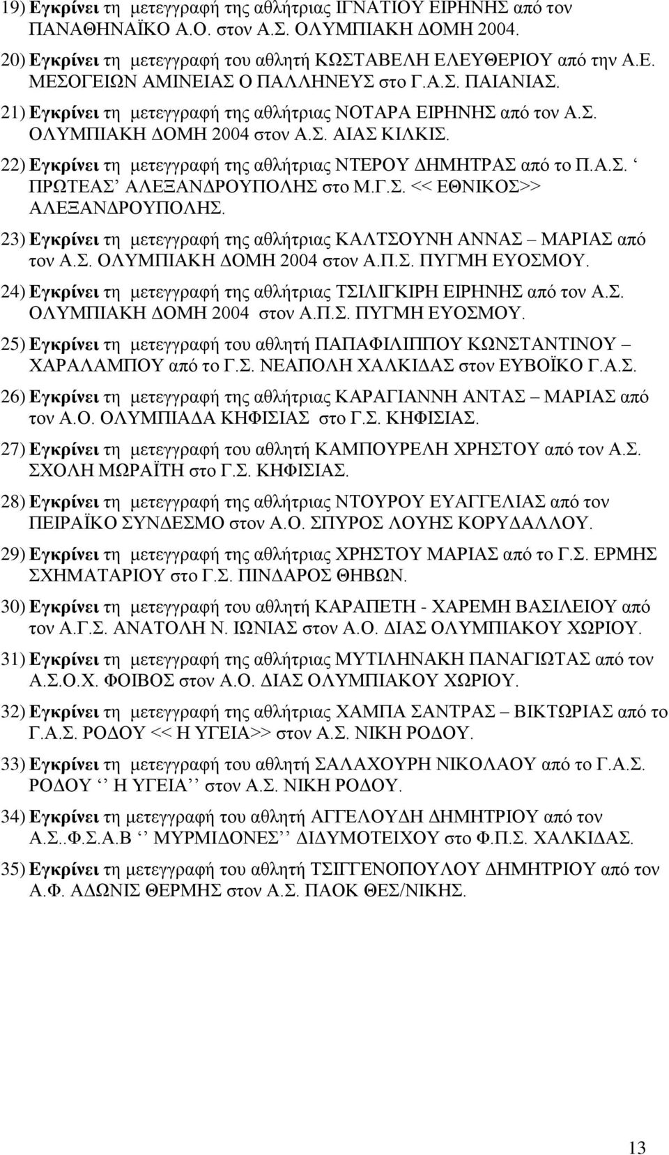 Γ.Σ. << ΕΘΝΙΚΟΣ>> ΑΛΕΞΑΝΔΡΟΥΠΟΛΗΣ. 23) Εγκρίνει τη μετεγγραφή της αθλήτριας ΚΑΛΤΣΟΥΝΗ ΑΝΝΑΣ ΜΑΡΙΑΣ από τον Α.Σ. ΟΛΥΜΠΙΑΚΗ ΔΟΜΗ 2004 στον Α.Π.Σ. ΠΥΓΜΗ ΕΥΟΣΜΟΥ.