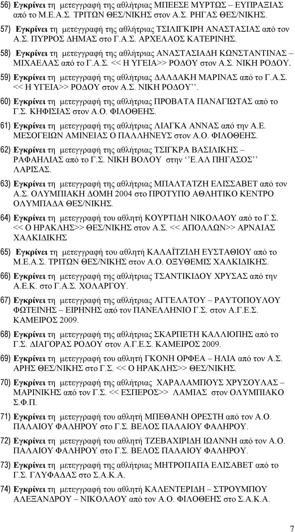 59) Εγκρίνει τη μετεγγραφή της αθλήτριας ΔΑΛΔΑΚΗ ΜΑΡΙΝΑΣ από το Γ.Α.Σ. << Η ΥΓΕΙΑ>> ΡΟΔΟΥ στον Α.Σ. ΝΙΚΗ ΡΟΔΟΥ. 60) Εγκρίνει τη μετεγγραφή της αθλήτριας ΠΡΟΒΑΤΑ ΠΑΝΑΓΙΩΤΑΣ από το Γ.Σ. ΚΗΦΙΣΙΑΣ στον Α.