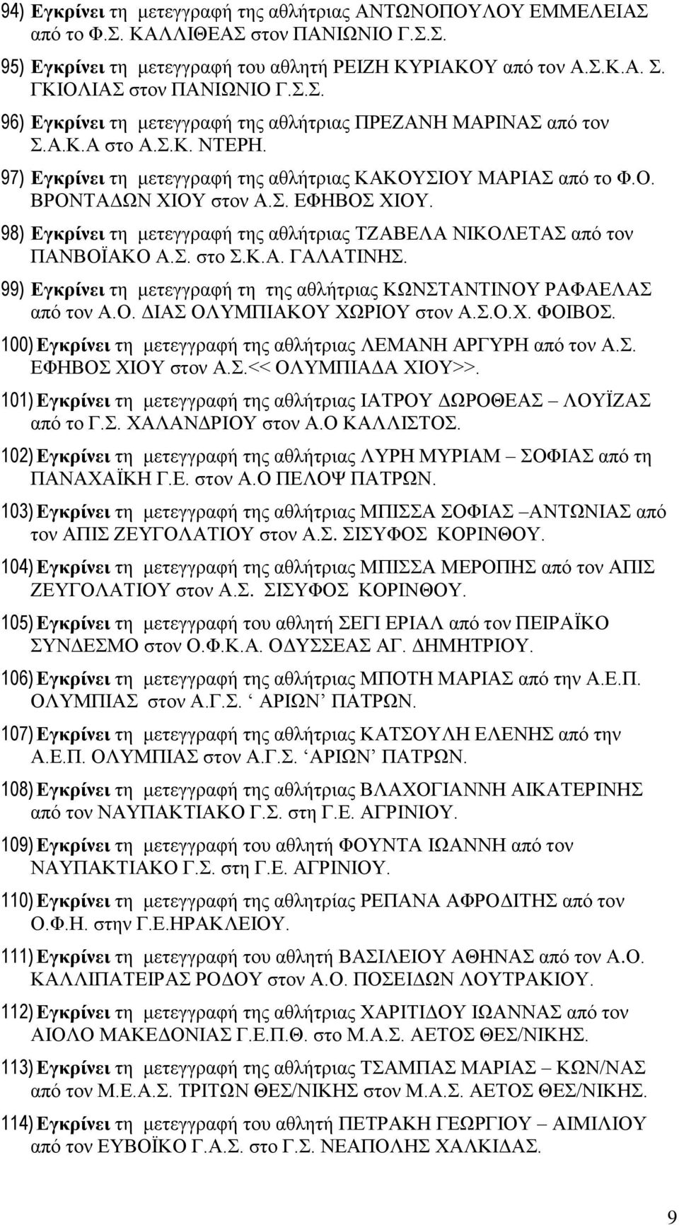 Σ. ΕΦΗΒΟΣ ΧΙΟΥ. 98) Εγκρίνει τη μετεγγραφή της αθλήτριας ΤΖΑΒΕΛΑ ΝΙΚΟΛΕΤΑΣ από τον ΠΑΝΒΟΪΑΚΟ Α.Σ. στο Σ.Κ.Α. ΓΑΛΑΤΙΝΗΣ. 99) Εγκρίνει τη μετεγγραφή τη της αθλήτριας ΚΩΝΣΤΑΝΤΙΝΟΥ ΡΑΦΑΕΛΑΣ από τον Α.Ο. ΔΙΑΣ ΟΛΥΜΠΙΑΚΟΥ ΧΩΡΙΟΥ στον Α.