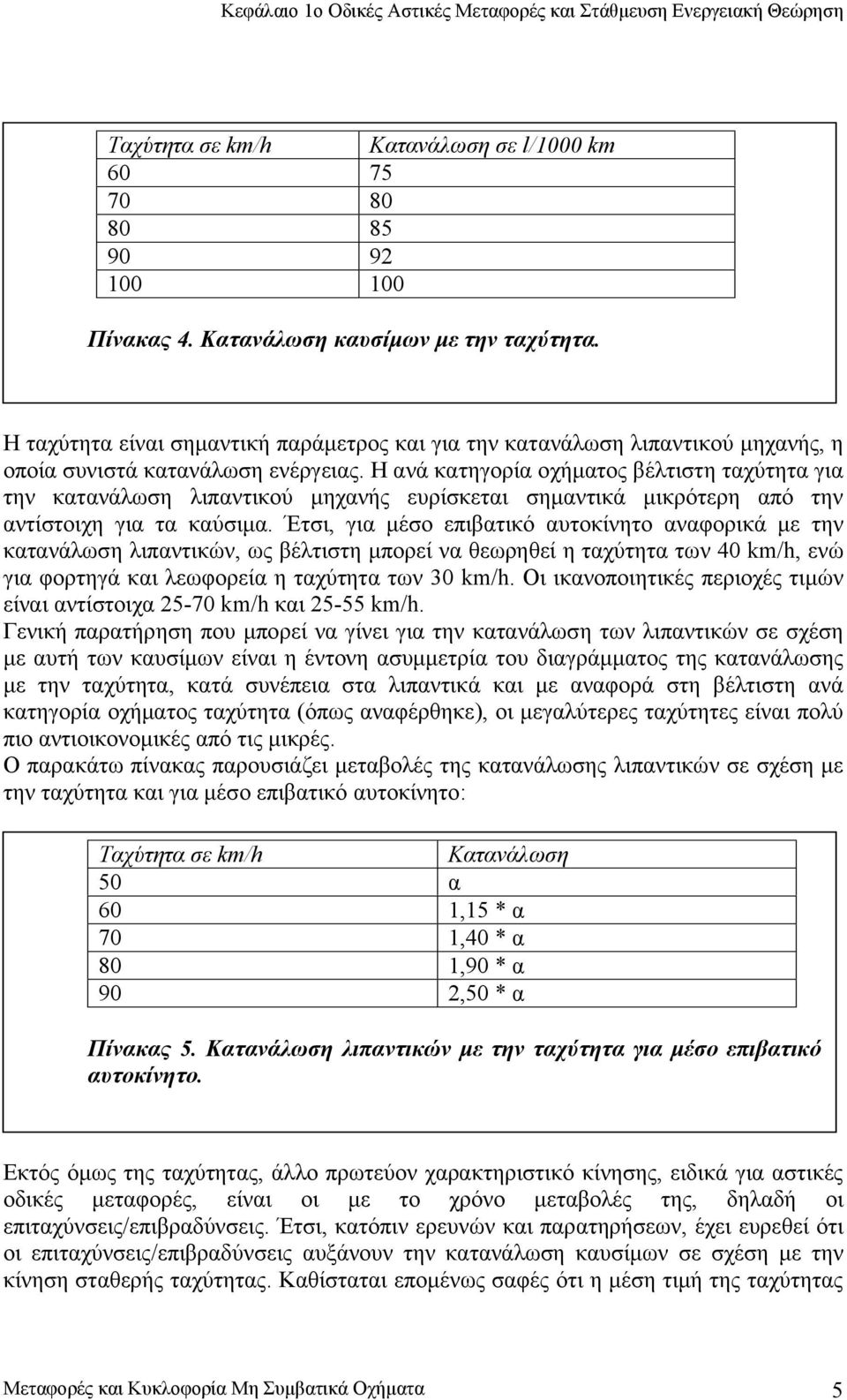 Η ανά κατηγορία οχήματος βέλτιστη ταχύτητα για την κατανάλωση λιπαντικού μηχανής ευρίσκεται σημαντικά μικρότερη από την αντίστοιχη για τα καύσιμα.