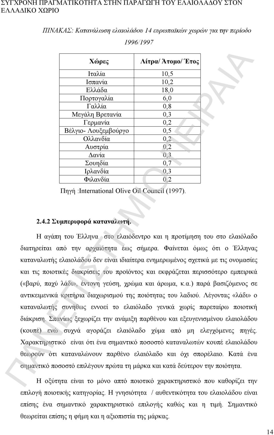 Council (1997). 2.4.2 Συμπεριφορά καταναλωτή. Η αγάπη του Έλληνα στο ελαιόδεντρο και η προτίμηση του στο ελαιόλαδο διατηρείται από την αρχαιότητα έως σήμερα.