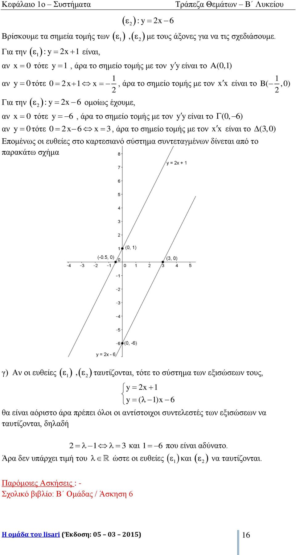 τον yy είναι το (0, 6) αν y 0τότε 0 6 3, άρα το σημείο τομής με τον είναι το (3,0) Επομένως οι ευθείες στο καρτεσιανό σύστημα συντεταγμένων δίνεται από το παρακάτω σχήμα γ) Αν οι ευθείες,