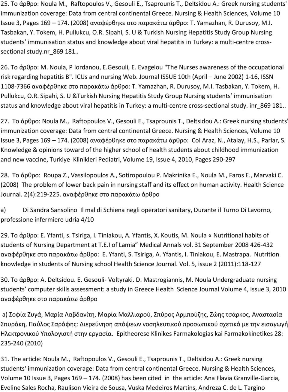 U & Turkish Nursing Hepatitis Study Group Nursing students immunisation status and knowledge about viral hepatitis in Turkey: a multi-centre crosssectional study.nr_869 181.. 26. Το άρθρο: Μ.