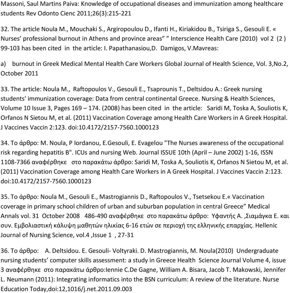 Papathanasiou,D. Damigos, V.Mavreas: a) burnout in Greek Medical Mental Health Care Workers Global Journal of Health Science, Vol. 3,No.2, October 2011 33. Τhe article: Noula M., Raftopoulos V.