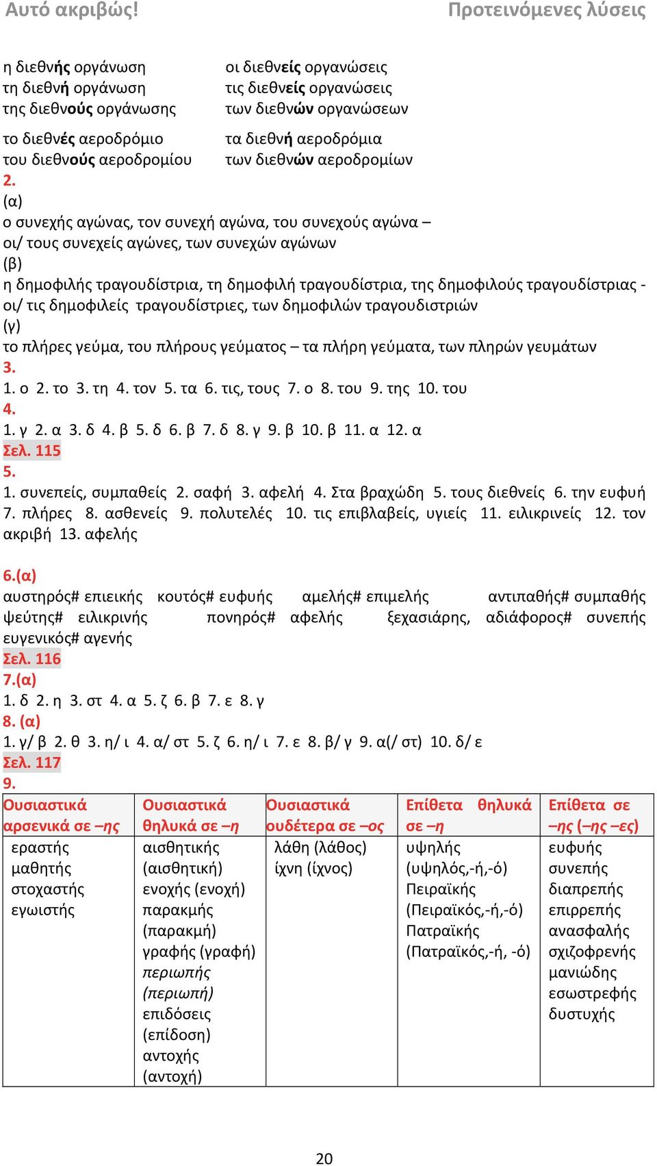 τραγουδίστριας οι/ τις δημοφιλείς τραγουδίστριες, των δημοφιλών τραγουδιστριών (γ) το πλήρες γεύμα, του πλήρους γεύματος τα πλήρη γεύματα, των πληρών γευμάτων ο το τη 4. τον 5. τα 6. τις, τους 7. ο 8.