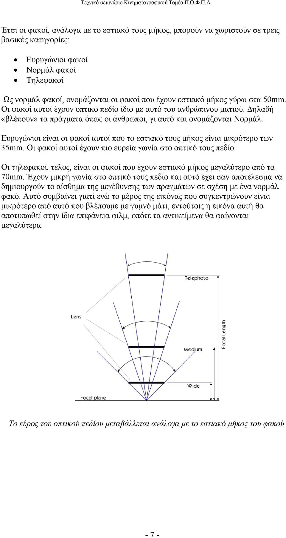 Ευρυγώνιοι είναι οι φακοί αυτοί που το εστιακό τους μήκος είναι μικρότερο των 35mm. Οι φακοί αυτοί έχουν πιο ευρεία γωνία στο οπτικό τους πεδίο.