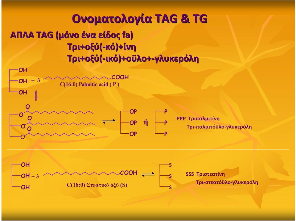 acid ( P ) P P P ή P P P PPP Τριπαλμιτίνη Τρι παλμιτόϋλο γλυκερόλη H H H