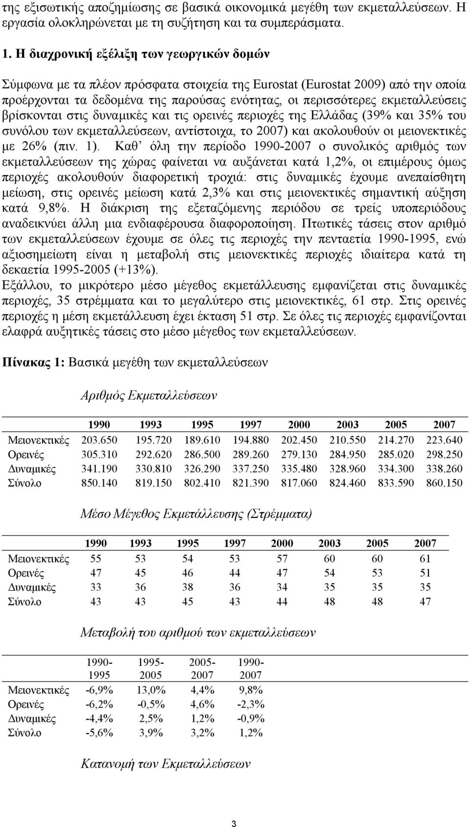 βρίσκονται στις δυναμικές και τις ορεινές περιοχές της Ελλάδας (39% και 35% του συνόλου των εκμεταλλεύσεων, αντίστοιχα, το 2007) και ακολουθούν οι μειονεκτικές με 26% (πιν. 1).