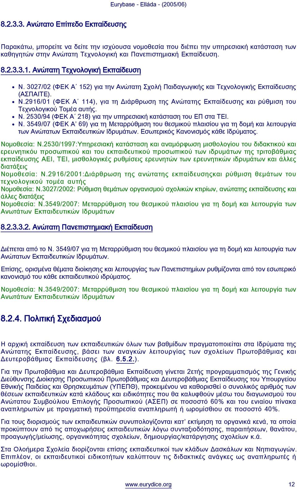 Ν. 2530/94 (ΦΕΚ Α 218) για την υπηρεσιακή κατάσταση του ΕΠ στα ΤΕΙ. Ν. 3549/07 (ΦΕΚ Α 69) για τη Μεταρρύθμιση του θεσμικού πλαισίου για τη δομή και λειτουργία των Ανώτατων Εκπαιδευτικών Ιδρυμάτων.