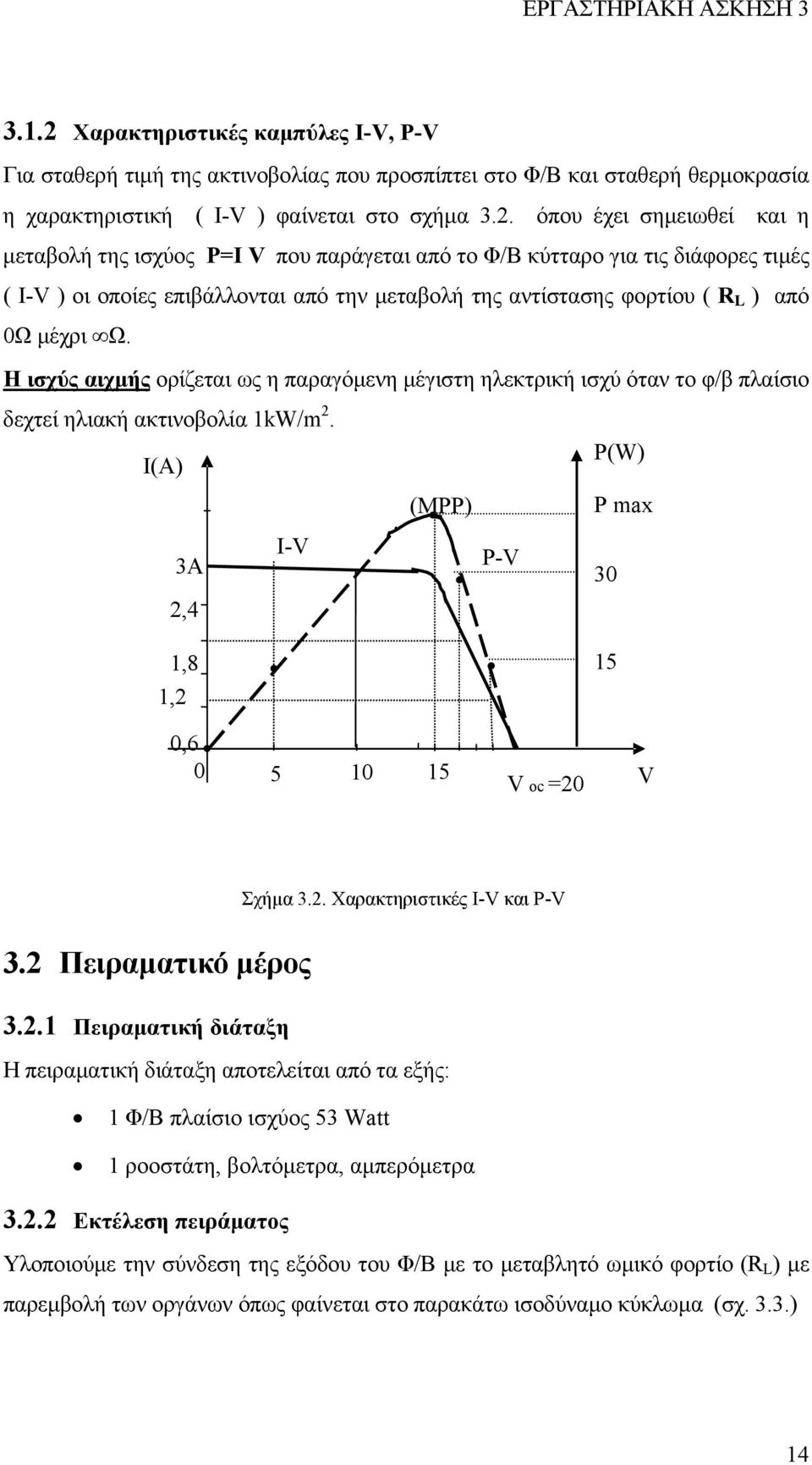 όπου έχει σηµειωθεί και η µεταβολή της ισχύος P=I V που παράγεται από το Φ/Β κύτταρο για τις διάφορες τιµές ( I-V ) οι οποίες επιβάλλονται από την µεταβολή της αντίστασης φορτίου ( R L ) από 0Ω µέχρι